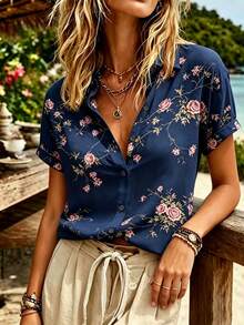 Breezaya Women's New Summer Floral Print Collared Short Sleeve Shirt, Retro Chic, French Elegant Versatile - Multicolor - View 3