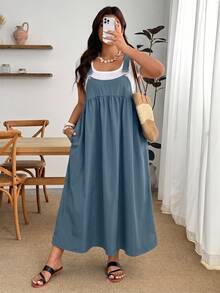 Enliva Vestido de tirantes negro holgado talla grande - Azul - Ver 3