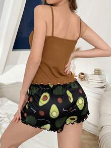 SHEIN Casual Underwear&Sleepwear 女款酪梨印花休閒細肩帶睡衣套裝 - 棕色 - 查看 2