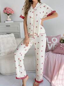 CottageSlumber Conjunto de cárdigan con estampado floral arrugado de burbujas y ribete de volantes - Burdeos - Ver 5