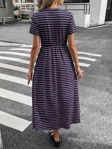 SHEIN Essnce Damen Große Größen Sommer Lässig Gestreiftes Kurzarm Kleid zum Ausgehen & Abschluss - Verschiedenfarbig - Übersicht 4