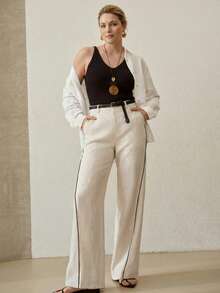 MOTF PREMIUM PLUS SIZE WOMEN'S LINEN CONTRAST PIPING STRAIGHT LEG PANTS FALL - Apricot - View 7