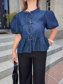 Jeta Ari 女款 90 年代復古深藍色夏季圓領可愛日常甜美藍色牛仔短袖上衣，泡泡袖，秋季校園休閒上衣 - 深色水洗藍 - 查看 7