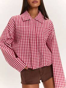 SHEIN BAE 女款格紋休閒百搭日常長袖夾克 - 紅色 - 查看 6