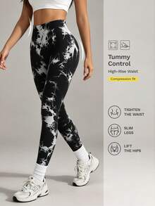 Nuvra Tie-Dye Seamless Highly Elastic Sports Leggings Sport Studio High Waisted  Seamless Slim Leggings For Women - Resilient Soft Touch Breathable 4-Way Stretch Legging For Running Cycling Yoga Pickleball Exercise Casual - Black and White - View 1