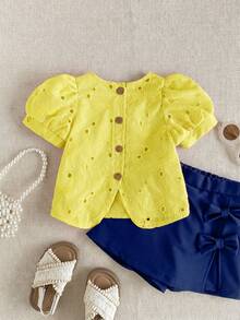 PrepCrw 1pc Young Girls' Elegant Embroidered Petal Sleeve Square Collar Blouse, Suitable For Outings, Gatherings, Festivals, Spring, Summer, Weddings - Yellow - View 2