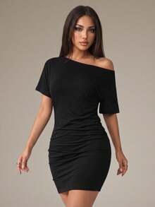 SHEIN PETITE Summer Asymmetric Neckline Dress/Summer Brown Short Dress Suitable For Party/Beach Vacation Dress/Summer Travel/Island Vacation Dress/Birthday Party Women's Dress ,Petite Women - Black - View 4