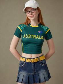 Elnivra 2026年足球世界盃澳洲足球球衣風格女款短版T恤，復古印花足球球迷上衣，澳洲隊支持者，適用於美國–加拿大–墨西哥 - 綠色 - 查看 5