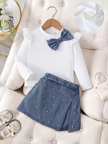 2pcs Young Girl Preppy Faux Pearl Beading Bow Knot Rib Knit Ruffle Long Sleeve Pleated A Line Skirt T Shirt Denim Skirt Set Party Fall Style - White - View 5