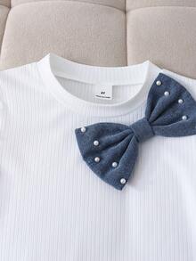 2pcs Young Girl Preppy Faux Pearl Beading Bow Knot Rib Knit Ruffle Long Sleeve Pleated A Line Skirt T Shirt Denim Skirt Set Party Fall Style - White - View 7