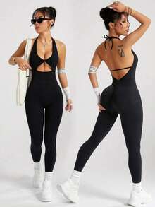 Sirith Seamless High Elasticity Racerback Sports Jumpsuit With Lifting Effect - Black - View 6