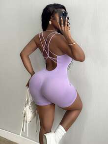 SHEIN Core Rhythm Women's Solid Color Seamless Sports Jumpsuit, Criss-Cross Strap Design, Backless Tight-Fitting Jumpsuit, Athletic Wear, Suitable For Yoga, Fitness And Other Activities - Purple - View 4