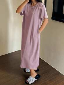 DAZY Women's Long T-Shirt Style Dress With Print, Contrast Color And Contrast Stitch Design, Loungewear - Pink - View 5