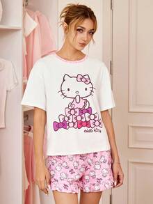 HELLO KITTY AND FRIENDS | SHEIN Women's Cartoon Print Short Sleeve Top And Shorts Pajama Set - Baby Pink - View 6