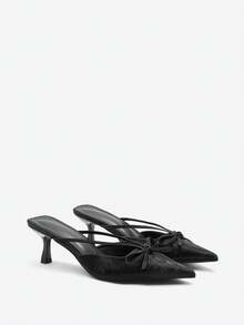 Eladyva European & American Style Mules Shoes For Women, Bow Decor Closed Toe Stilettos Sandals, Pointed Toe Slip On Pumps Valentines - Black - View 2