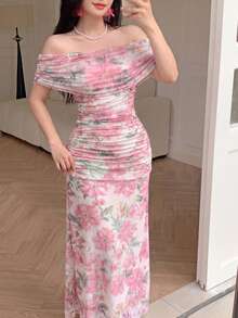Modelyn 女款優雅法式長洋裝，網紗花卉印花，方領，百褶設計，適合夏季度假 - 粉色 - 查看 5