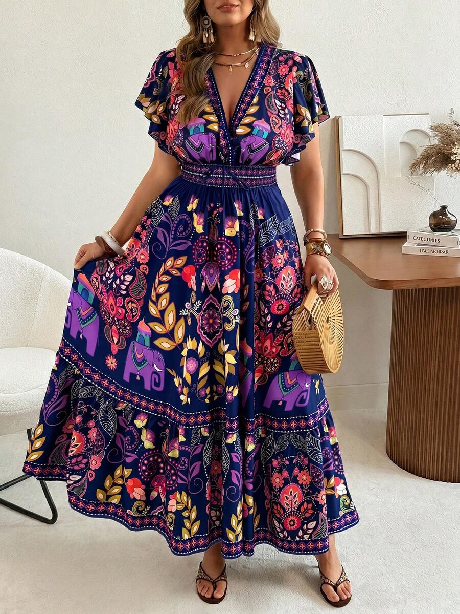 Ceyna 大尺碼女款夏季波希米亞印花度假休閒洋裝,印花荷葉袖收腰設計,大裙擺長版深V領洋裝 - 彩色 - 查看 1