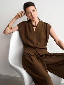 Aalyst Women's Fashion Commute Office Brunch Vacation Solid Color Top Wide Leg Pants 2 Pieces Set Dark Brown Summer Elegant Casual - Coffee Brown - View 3