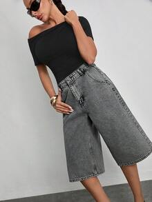 Women Casual Denım Short Long Comfortable And Straigh Fit For Summer High Quality - Grey - View 4
