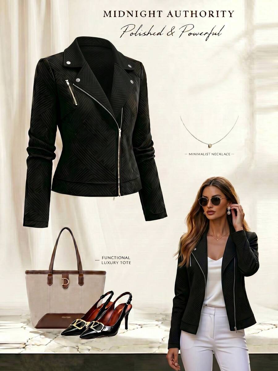 Yalmera Women's Textured Fabric Zip-Up Casual Motorcycle Jacket With Lapel Fall Winter Cloth For Women - Black - View 1