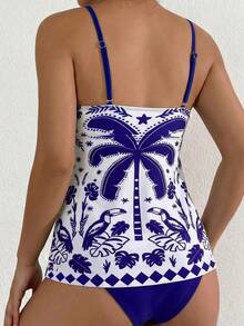 SHEIN Swim 女款高彈力綠色花卉印花比基尼兩件套，清新綠色定位印花抹胸背心上衣，純色三角基本款泳褲，春夏度假海灘派對優雅比基尼套裝 - 彩色 - 查看 2