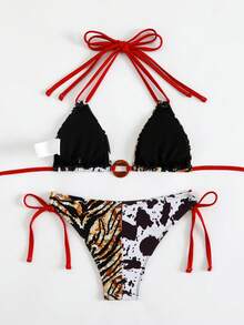 Bonvoyette Women's Tiger & Cow Print Random Pattern Summer Sexy V-Neck Halter Tie Strap Double Shoulder Strap Top & Side Tie Triangle Bikini Set - Multicolor - View 3