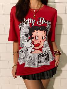 Betty Boop x SHEIN 女款字母印花圓領休閒T恤 - 紅色 - 查看 7