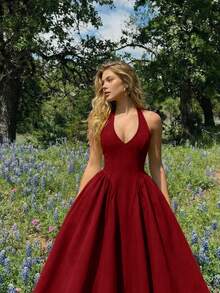 Skyraze Women's Solid Color Halter Neck Fashion Elegant Dress - Burgundy - View 3