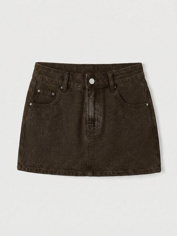 Maija Women's Denim Mini Skirt Y2K Casual Style Women's Denim Concert Back To School School Dark Brown Summer