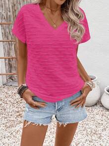 EMERY ROSE Camiseta de manga corta de unicolor con cuello en V, casual y versátil para uso diario para mujer - Rosa Fucsia - Ver 4