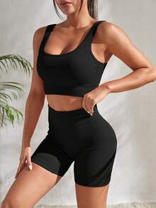 Nuvra 罗纹针织宽腰带运动套装女士健身套装健身房女士服装 - 黑色 - 查看 6