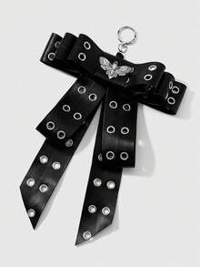 ROMWE Goth 1 buah Gantungan Kunci/Liontin DIY Gaya Punk Gelap Kulit Hitam Mengkilap dengan Lubang Tali, Buatan Tangan, Kompleks, Berlapis-lapis, Motif Wajah Hantu dan Ngengat untuk Dekorasi Halloween - Hitam-38 - View 7