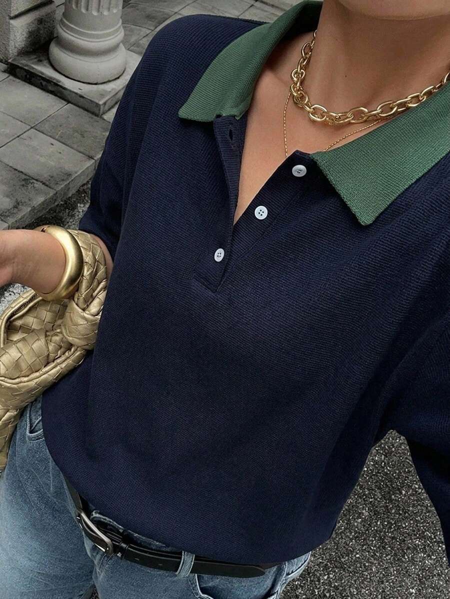 Dazy Plus 女款大尺碼拼色拼接條紋寬鬆 Polo 領中袖休閒夏季 T-shirt - 藏蓝色 - 查看 1