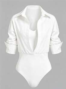 SHEIN LUNE Body da donna elegante tutto bianco 2 in 1, con colletto, scollo a V, bottoni, pieghe, maniche lunghe, patchwork con gilet, vestibilità slim, per l'estate e l'uso quotidiano - Bianco - Visualizzare 1