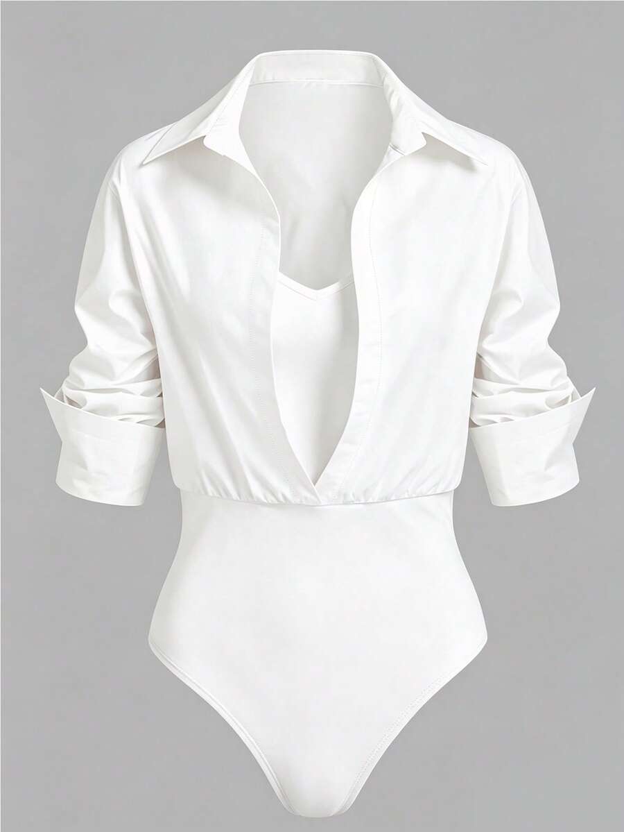SHEIN LUNE Body da donna elegante tutto bianco 2 in 1, con colletto, scollo a V, bottoni, pieghe, maniche lunghe, patchwork con gilet, vestibilità slim, per l'estate e l'uso quotidiano - Bianco - Visualizzare 1