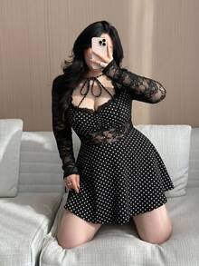 Vibekara Plus Size Women's New Large Scoop Neck Lace Trim Tie Sexy Party Contrast Lace A-Line Long Sleeve Ruched Bust Elegant Vintage Romantic Fitted Cute Sexy Style Dress Suitable For Daily Wear Back To School Season Women's Birthday Outfit Party Dress Women's Plus Size Evening Gown Cocktail Dress Wedding Guest Dress Women's Dress Elegant Evening Gown - Multicolor - View 4