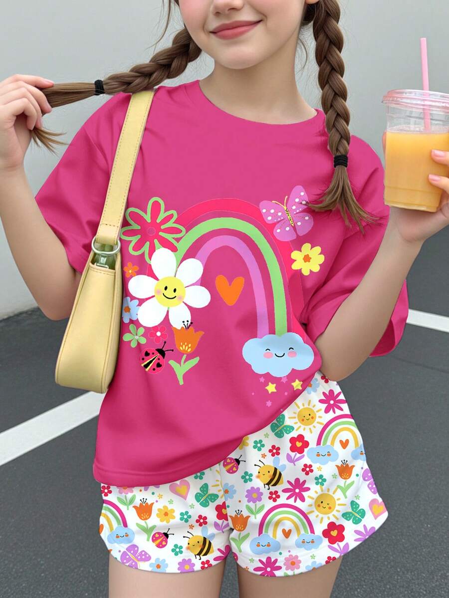 Tween女孩休閒可愛花朵臉孔、彩虹、蝴蝶印花短袖短褲兩件套,夏季校園風,粉色白色 - 彩色 - 查看 1