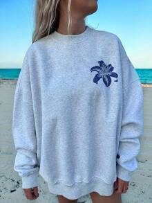 SHEIN EZwear 休閒極簡印花圓領長袖寬鬆女款衛衣 - 淺灰色 - 查看 2