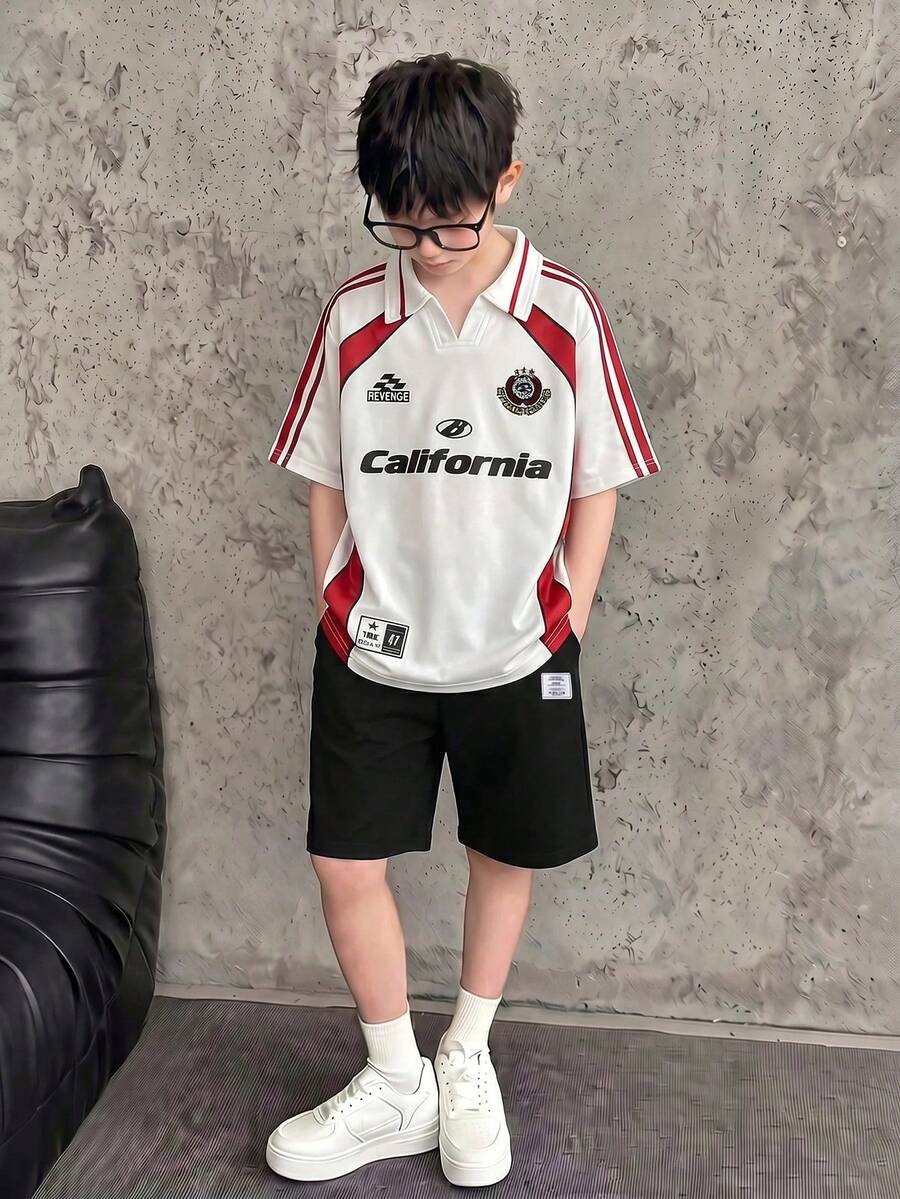 Coolqubz Áo polo in họa tiết thiết kế phối màu deconstructed phong cách streetwear casual cho nam thiếu niên, chất vải thoải mái phù hợp đi lại hàng ngày và phong cách đường phố, thời trang và sành điệu - Đỏ - Xem 1