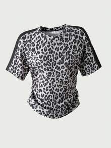SHEIN 青少年女孩 T-Shirt 套裝，寬鬆與修身設計，休閒運動穿搭，豹紋圓領兩件套 - 卡其色 - 查看 4