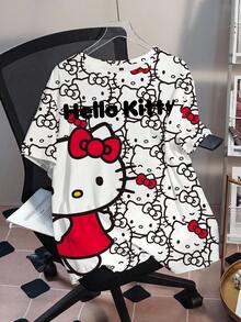 HELLO KITTY AND FRIENDS | SHEIN 大尺碼夏季休閒卡通印花T恤 - 白色 - 查看 3