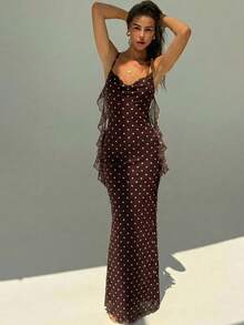 Aloruh Women's Spring/Summer New Brown & White Polka Dot Ruffled Collar Bodycon Dress,Summer Dresses For Women - Brown - View 7