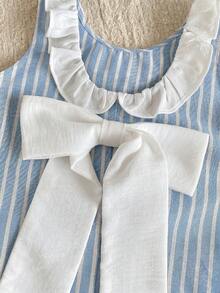 PrepCrw 1 Pc Young Girls Elegant Urban Academy Style Loose Cute Striped White Ruffle & Bow Decor Sleeveless Dress, Suitable For Daily Wear, Back To School, Outings, Gatherings, Holiday Parties, Spring, Summer - Blue and White - View 4
