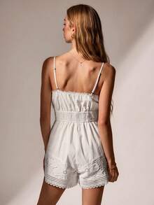 Willow Rêve Women's Beige V-Neck Long Sleeve Embroidered Tassel Ball Jumpsuit, Boho Style, Romantic Vacation Style - White - View 2