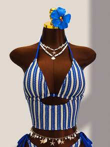 Zestiva 女款條紋分體式比基尼套裝，適合春夏海灘/泳池 - 藍色 - 查看 7