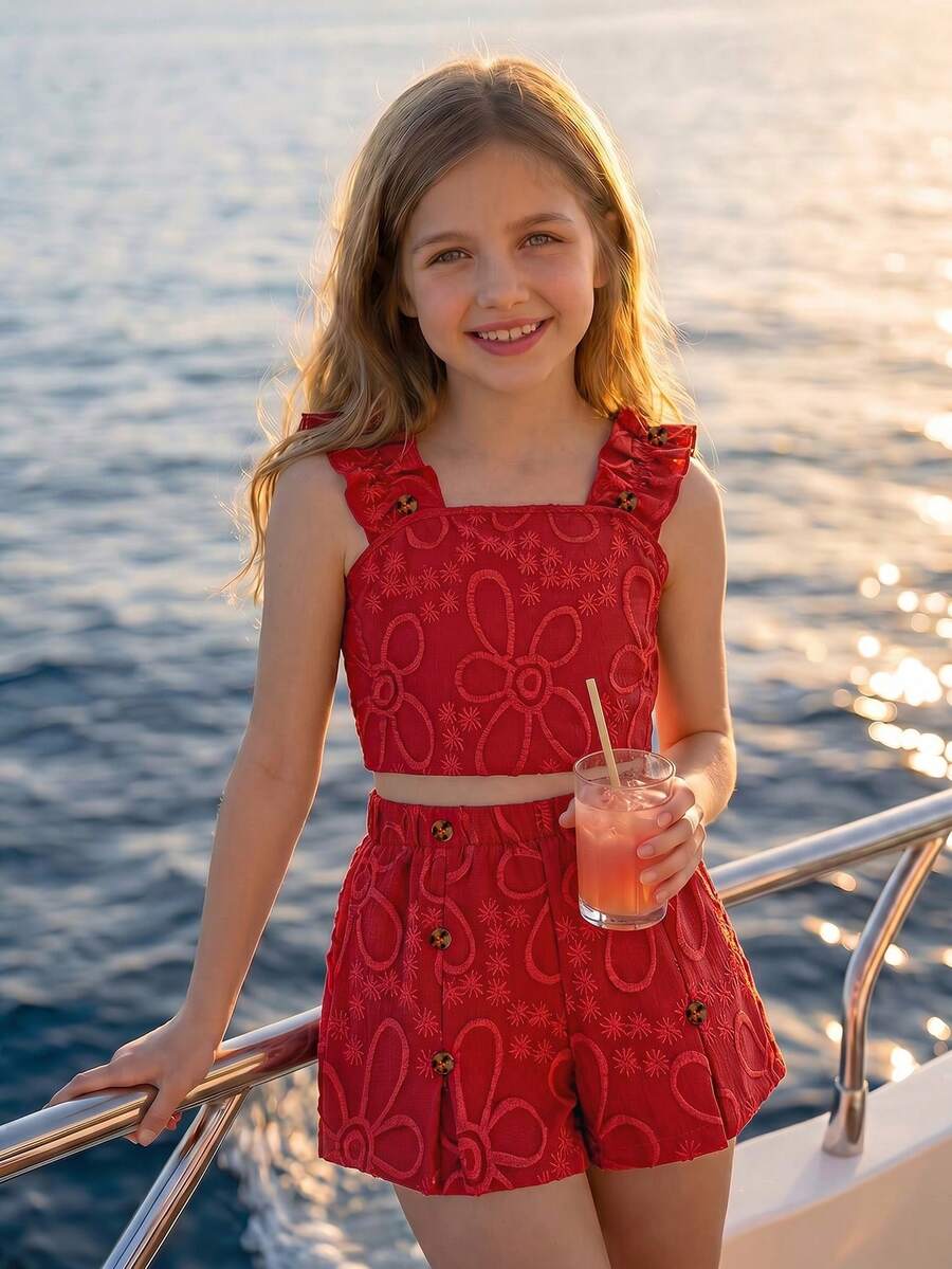SHEIN Sparklyn Conjunto de 2 piezas para niña preadolescente con top de tirantes bordado de moda y shorts fruncidos para vacaciones - Rojo - Ver 1