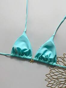 Swim Mod Top de traje de baño de una pieza sexy con estampado aleatorio de vacaciones de verano, decoración de concha dorada, sujetador de triángulo con cuello halter - Azul menta - Ver 2