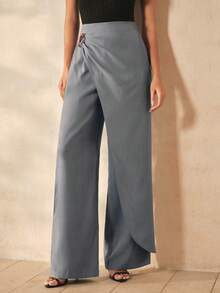 Anewsta Women's Elegant Heavy-Duty Metal Buckle Embellished Asymmetrical Draped Wide Leg Suit Pants - Grey - View 6