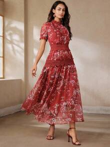 Anewsta Women's Elegant Heavy Embellished Stand Collar Patchwork Lace Floral Dress - Red - View 3