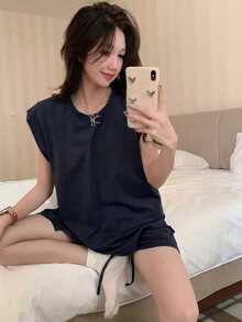 DAZY 純色極簡無袖上衣與短褲兩件套，夏季女款居家休閒套裝 - 藏蓝色 - 查看 7